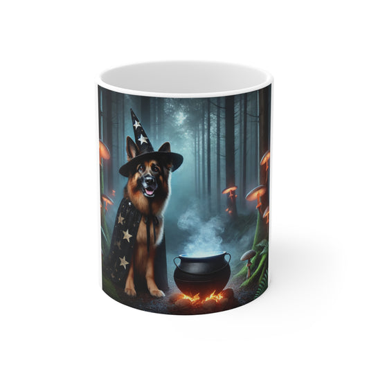 German Shepherd Wizard Halloween Mug - Magical Dog Mug with Cauldron Design