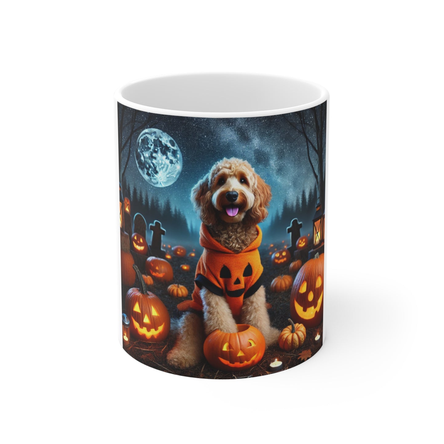 Goldendoodle Pumpkin Patch Halloween Mug - Spooky Dog Mug in Haunted Pumpkin Patch