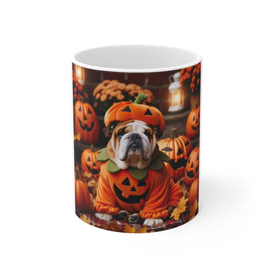 Bulldog Pumpkin Patch Halloween Mug - Cute Dog in Pumpkin Costume Design