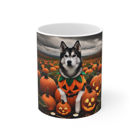 Siberian Husky Pumpkin Patch Halloween Mug - Adorable Dog in Pumpkin Costume