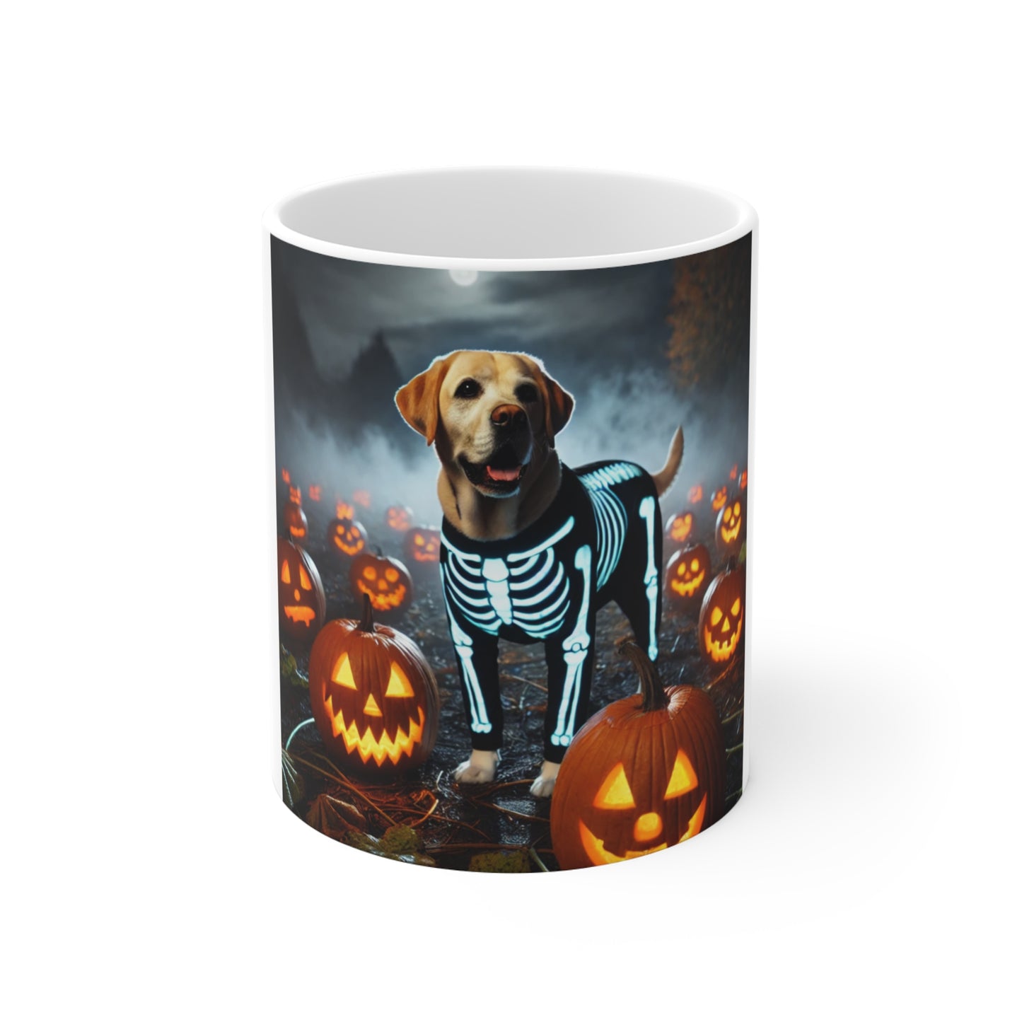 Labrador Retriever Skeleton Halloween Mug - Spooky Dog Mug with Scary Pumpkins Design